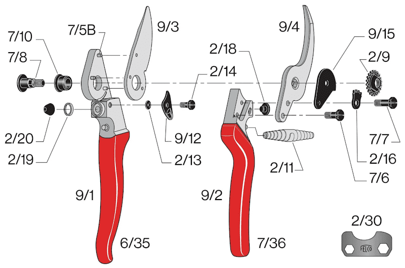 Felco 9 Pruner Genuine D25mm with Revolving Handle -  Replacement Parts