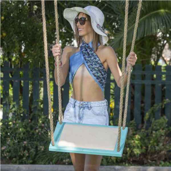 Turquoise Wooden Swing with Rope & Techno-Leather Seat 48x28x3.5cm