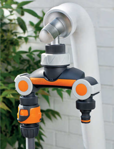 Dual Outlet Tap Connector in Garden